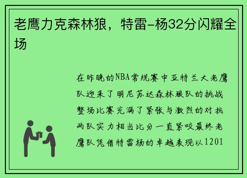 老鹰力克森林狼，特雷-杨32分闪耀全场
